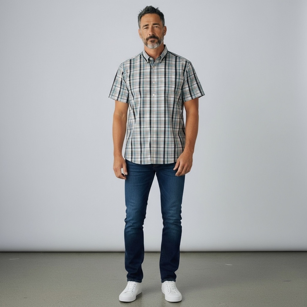 HAWKER RYE - MEN’S SIZE LARGE - LARGE SIZE PLAID - SHORT SLEEVES - BUTTON DOWNB7